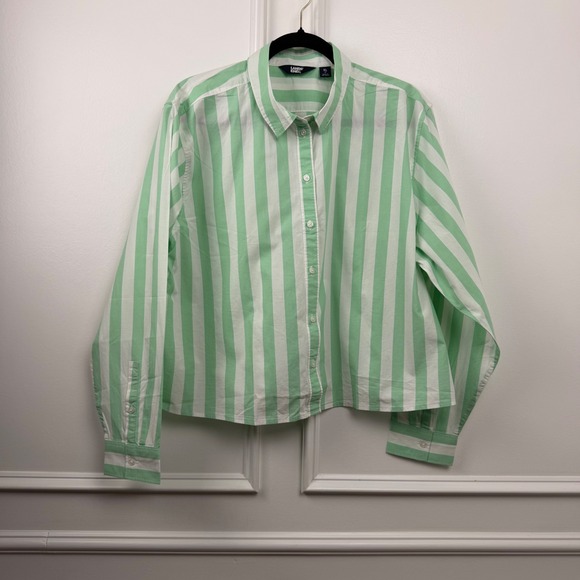 Lands' End Tops - Lands' End Womens XL 18 Green White Striped Cotton Button Down Shirt Long Sleeve